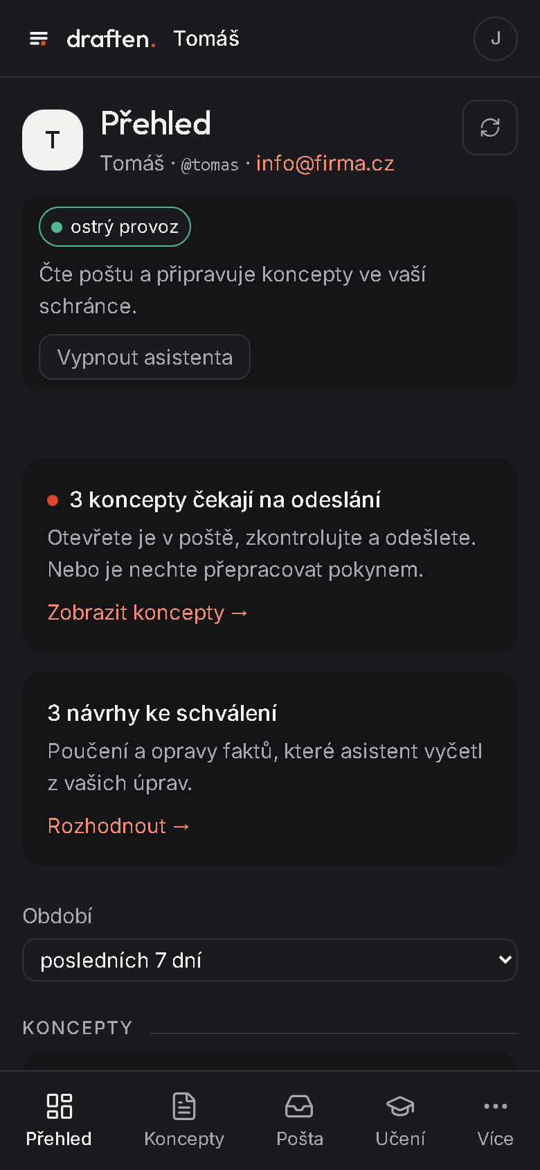 Přehled asistenta v aplikaci draften