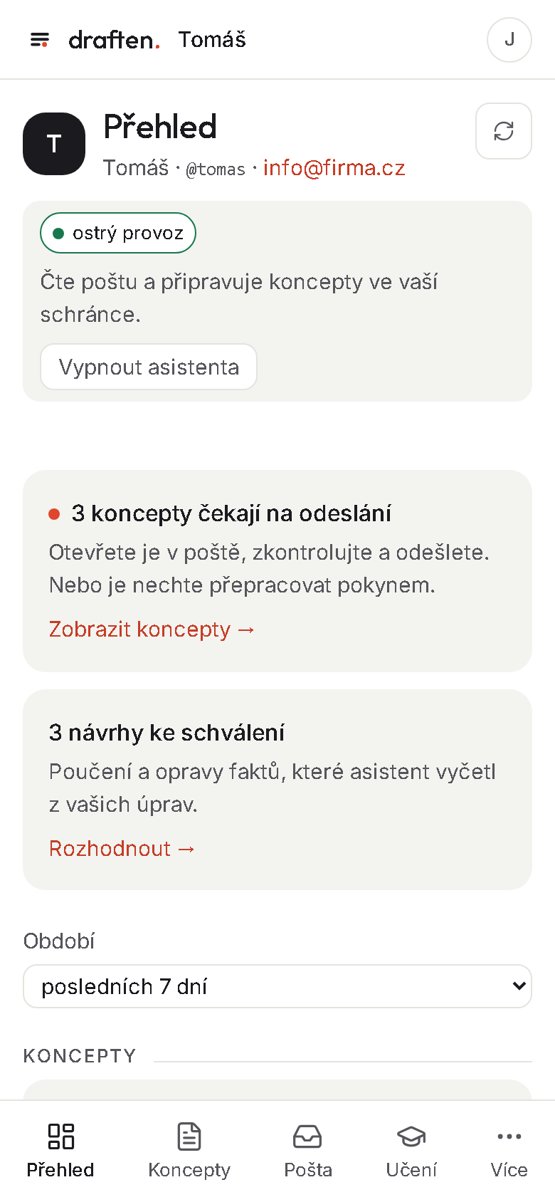 Přehled asistenta v aplikaci draften
