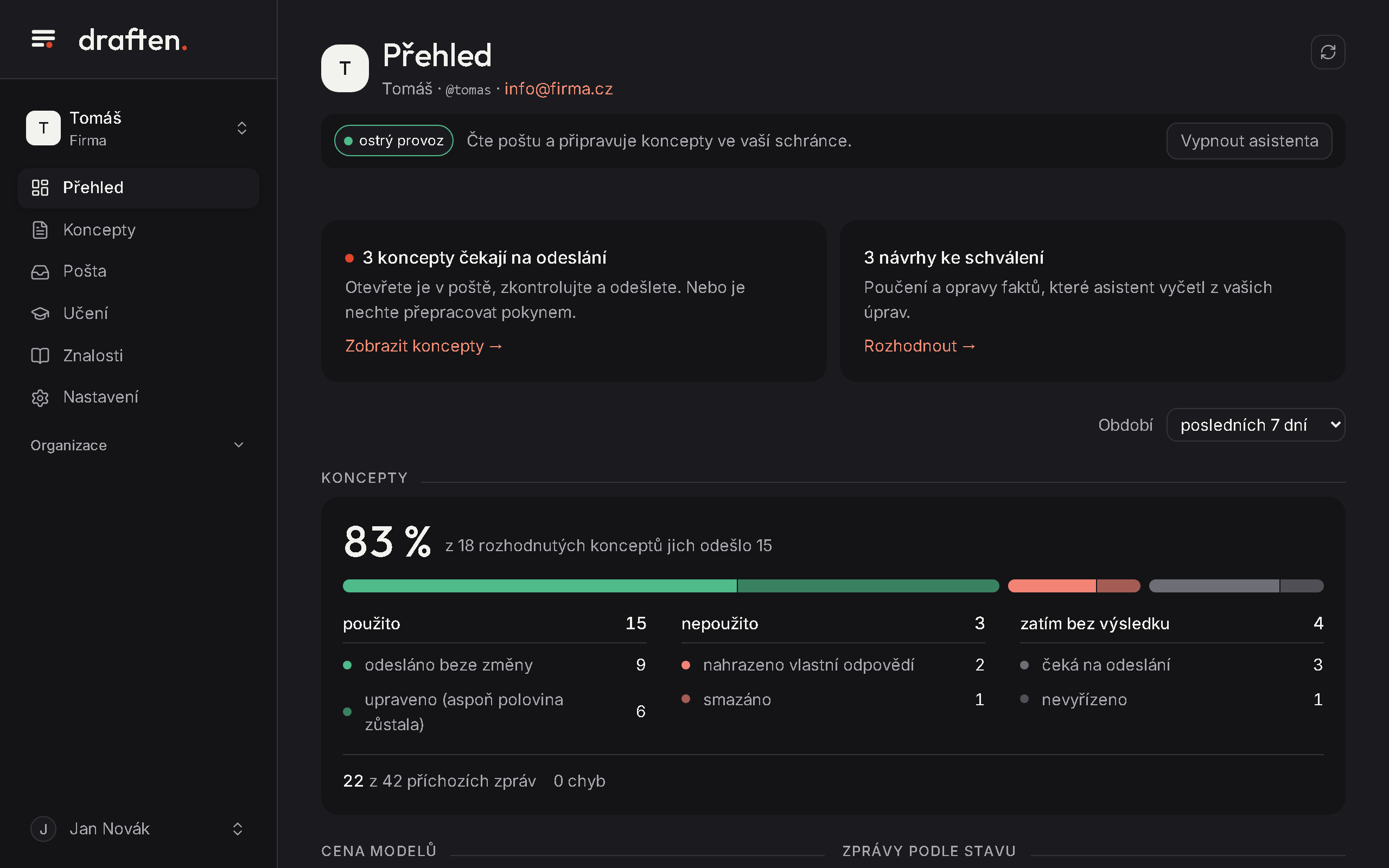 Přehled asistenta v aplikaci draften