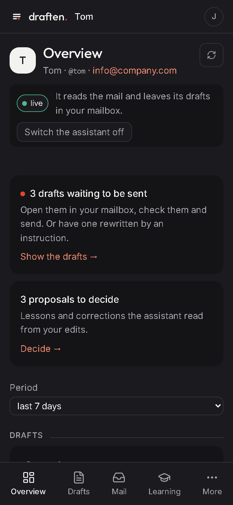 An assistant’s overview in the draften app