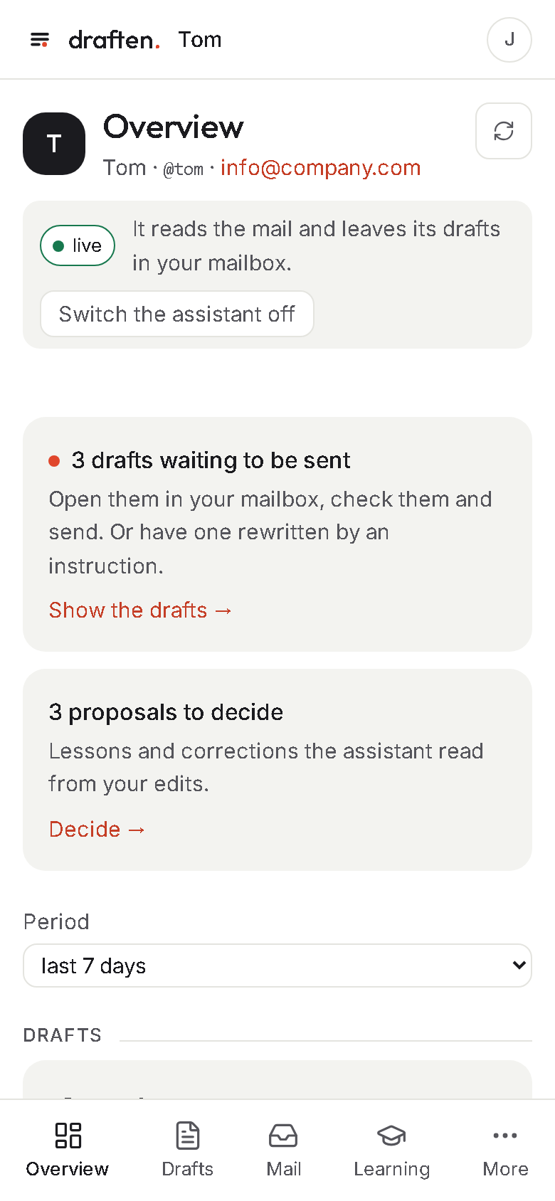 An assistant’s overview in the draften app