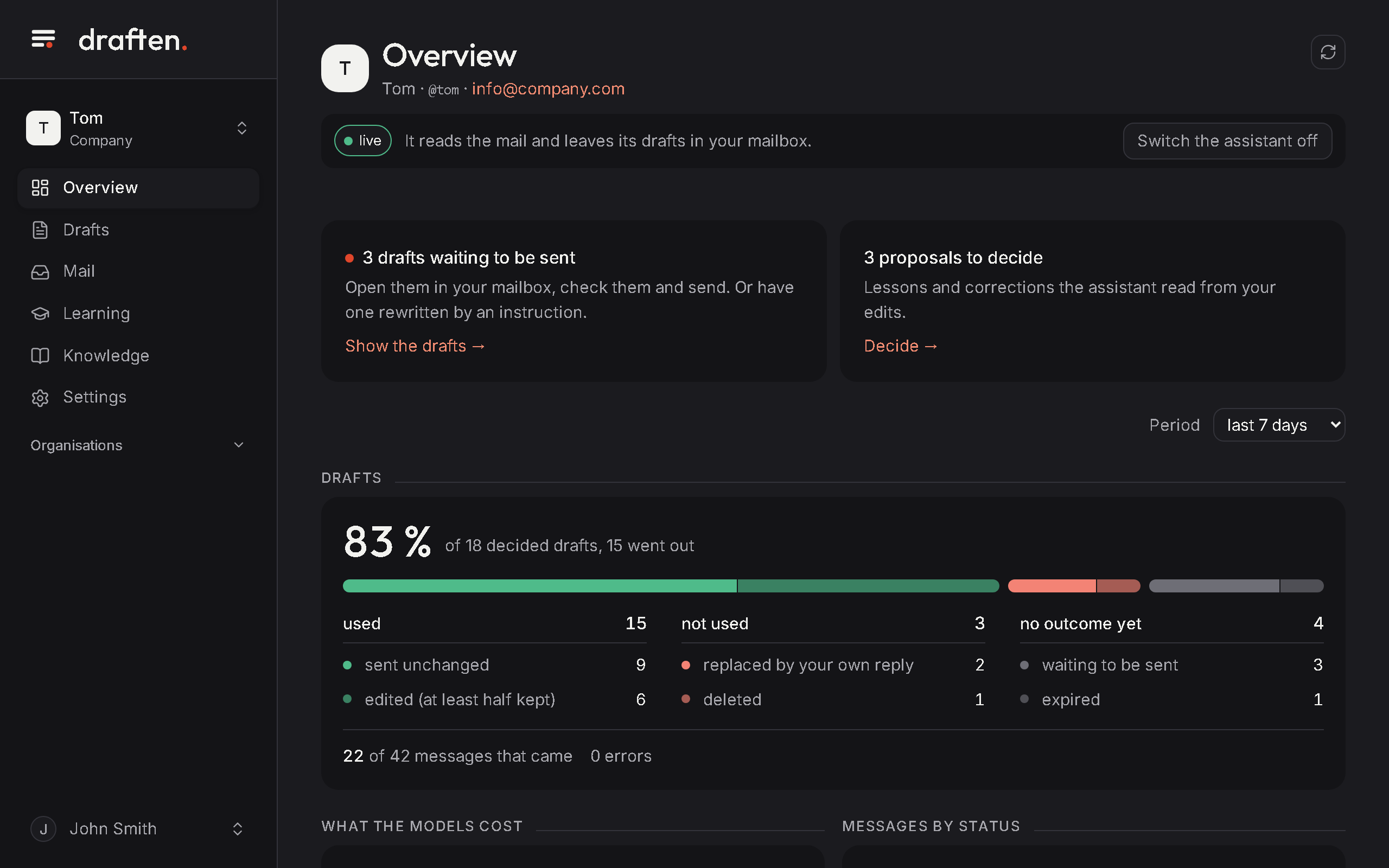 An assistant’s overview in the draften app