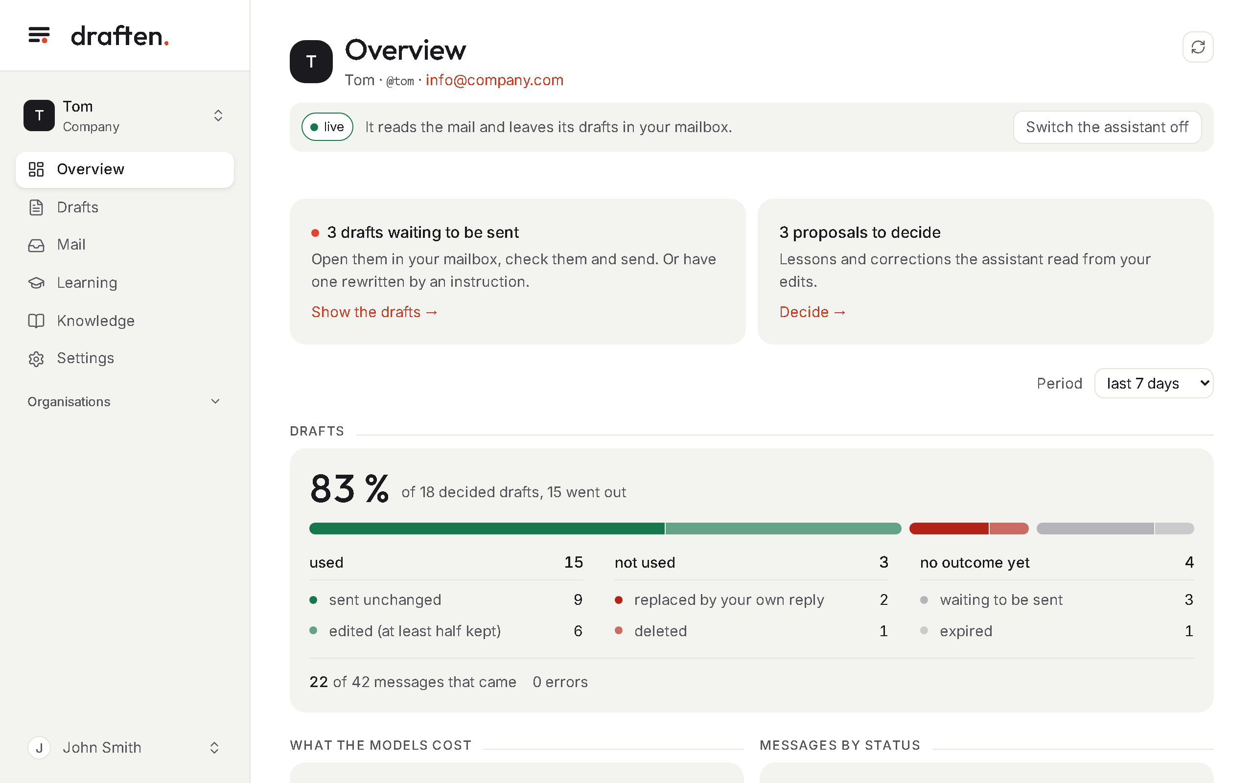 An assistant’s overview in the draften app